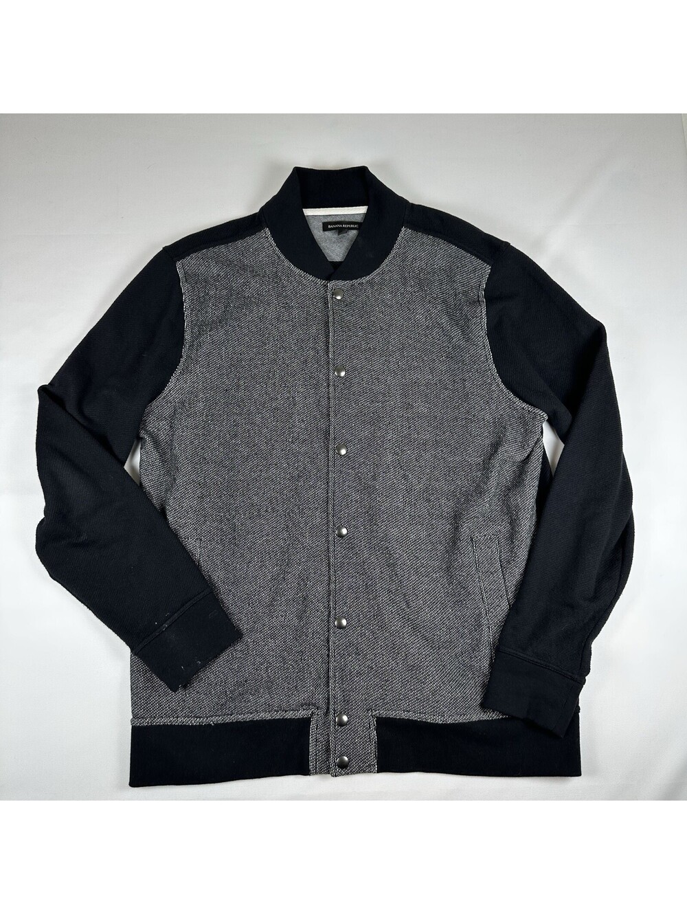 Banana Republic Mens XL Black Gray Varsity Bomber Jacket Snap Button Cotton
